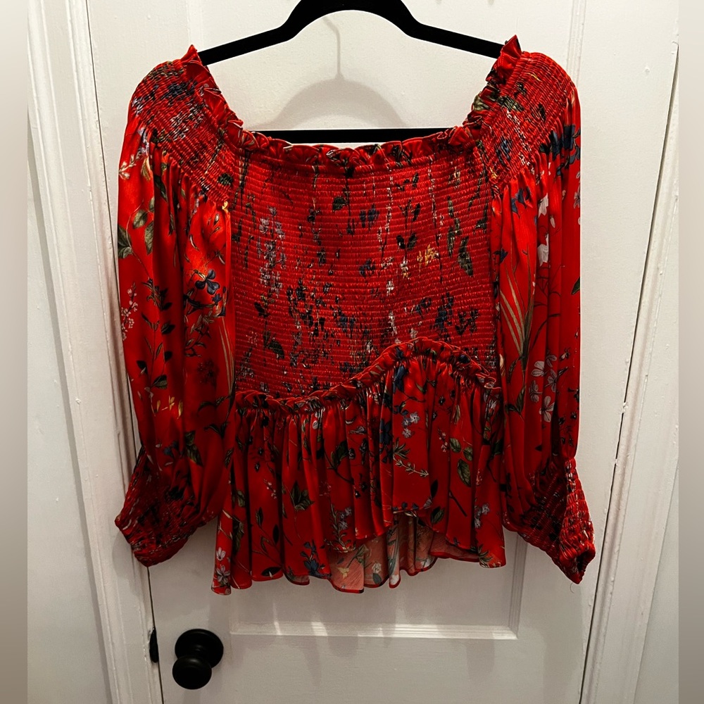 ALEXIS off the shoulder scrunch floral print top